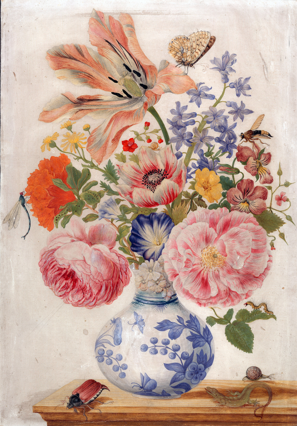 Chinesische Vase mit Rosen, Mohn und Nelken