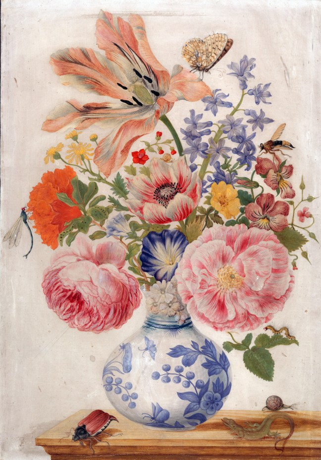Chinesische Vase mit Rosen, Mohn und Nelken
